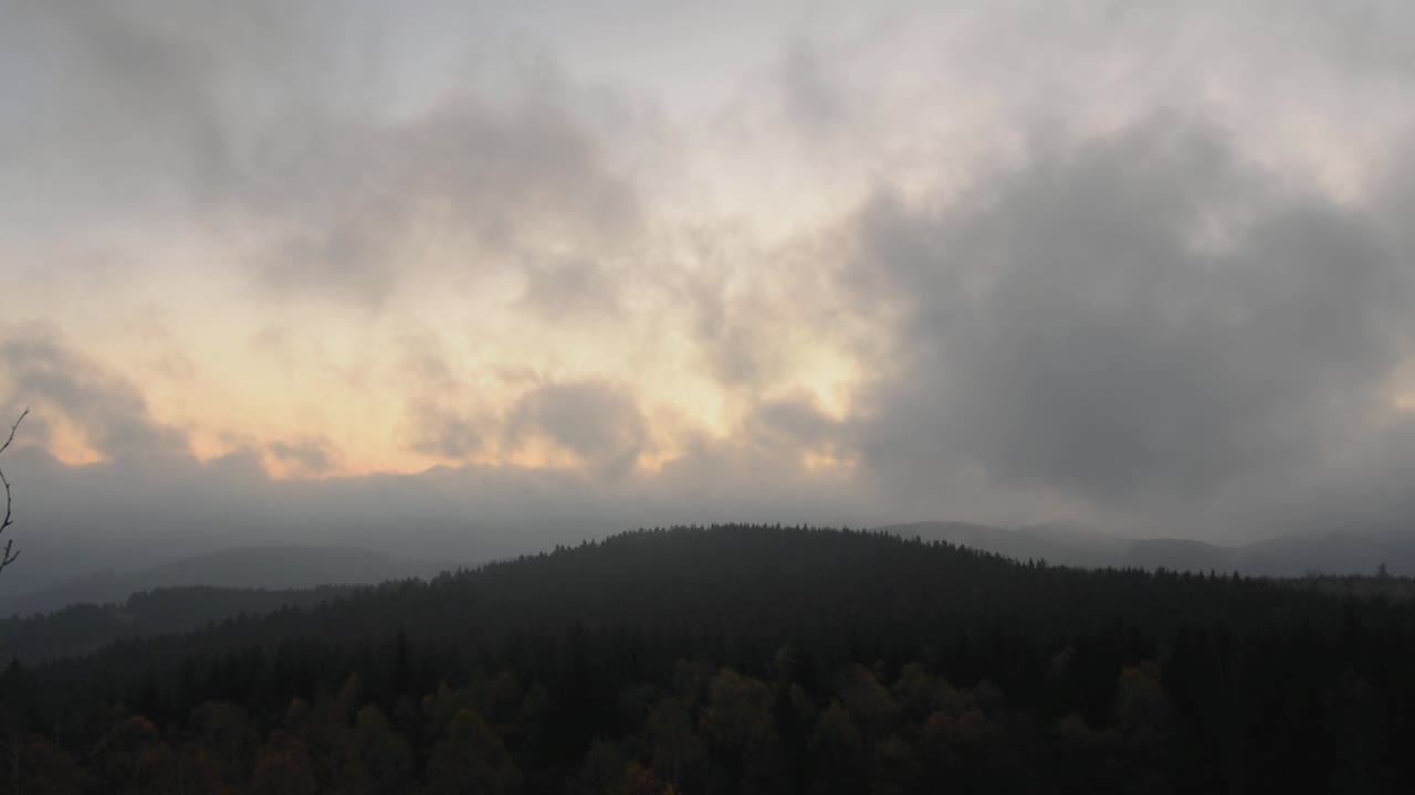 울창한 숲으로 인 산의 전망과 함께 구름이 인 일출의 타임스