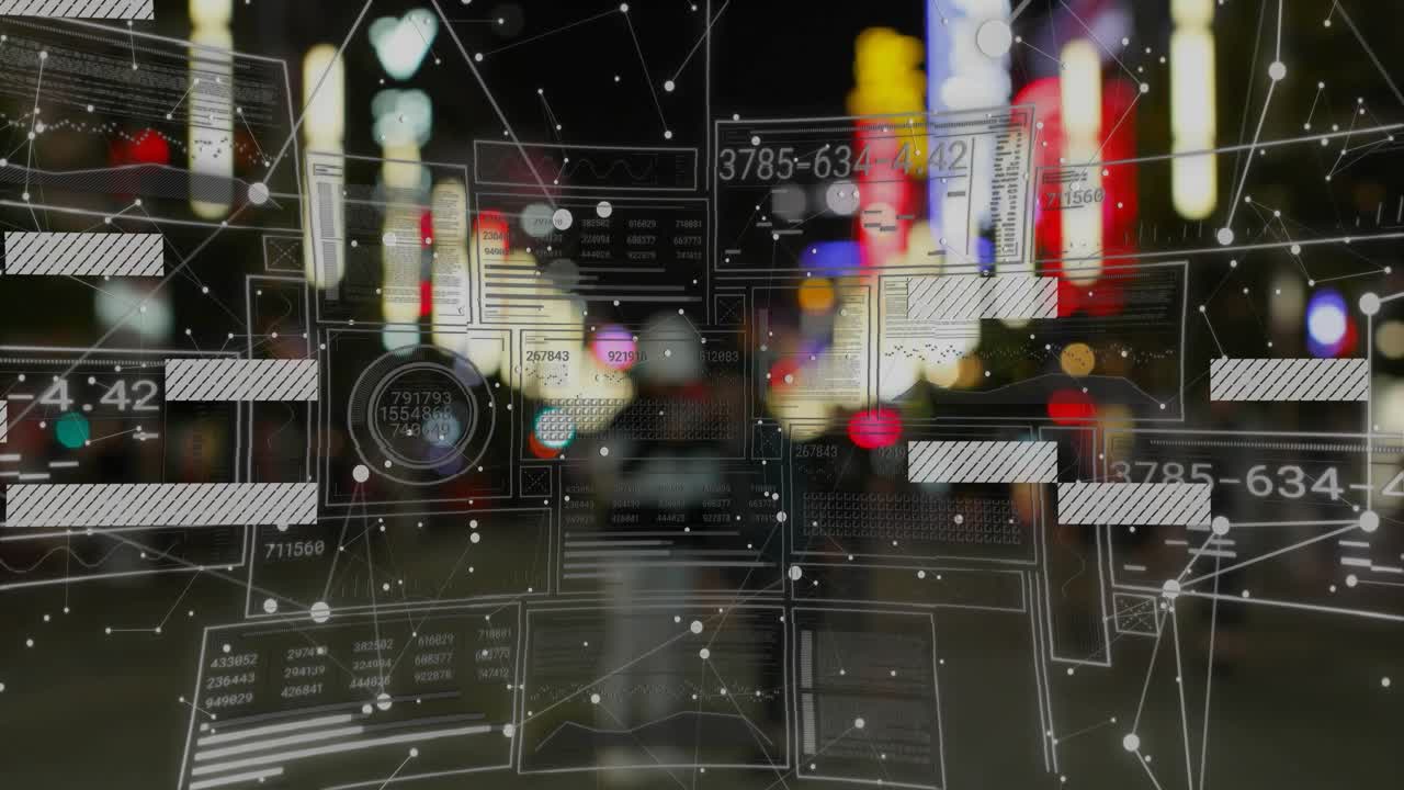 Silhouette activant une interface de RA, scannant des vitrines au néon, marchant dans une rue éclairée au néon et cartographiant des données.