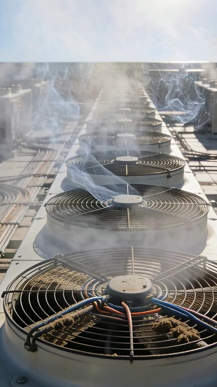 Vertical video: Spinning axial rooftop condenser fans venting warm vapor to cool rooftop units