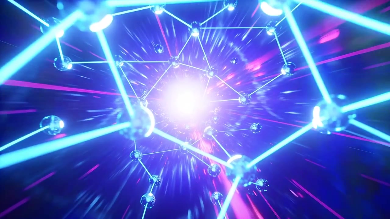 Disegnando un nucleo luminoso, spingendo il punto di vista in avanti attraverso una griglia al neon nel vuoto, rivelando nodi luminosi.