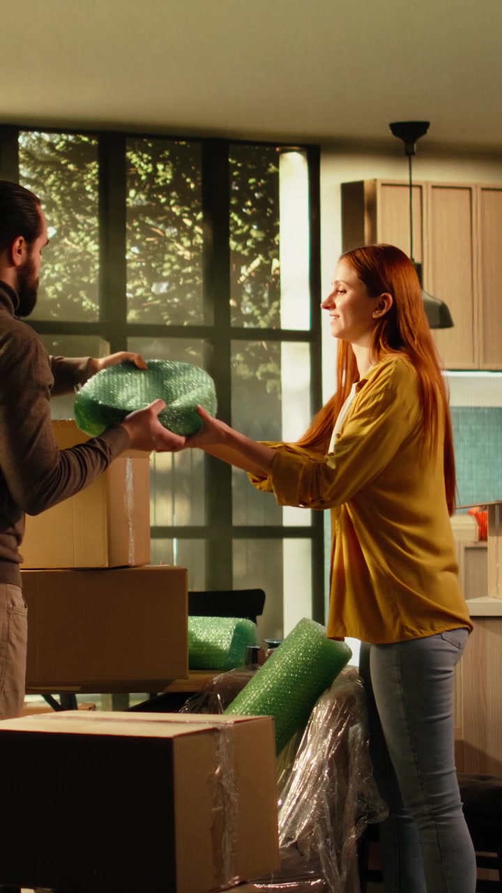 Vertical Video Young homeowners unpacking cardboard boxes filled with wrapped things