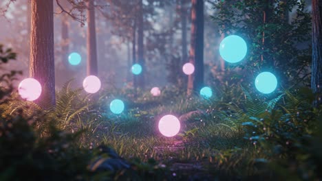 Enchanting Forest Scene with Floating Ethereal Orbs Illuminating Pathways Through Lush Greenery and Soft Radiance in a Dreamlike Environment