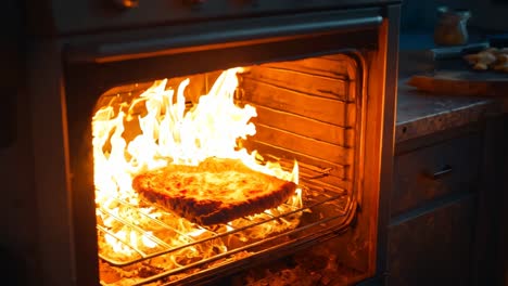 a pizza is being cooked in an oven with flames