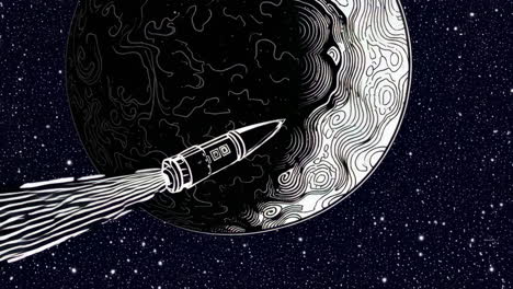 black and white illustration of a rocket flying towards a celestial body in space