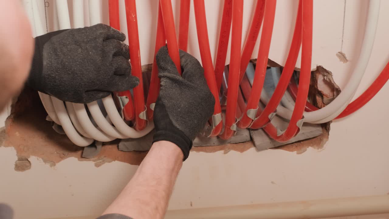 Installing underfloor heating pipes for water heating. Heating systems. Pipes for a heat-insulated floor.