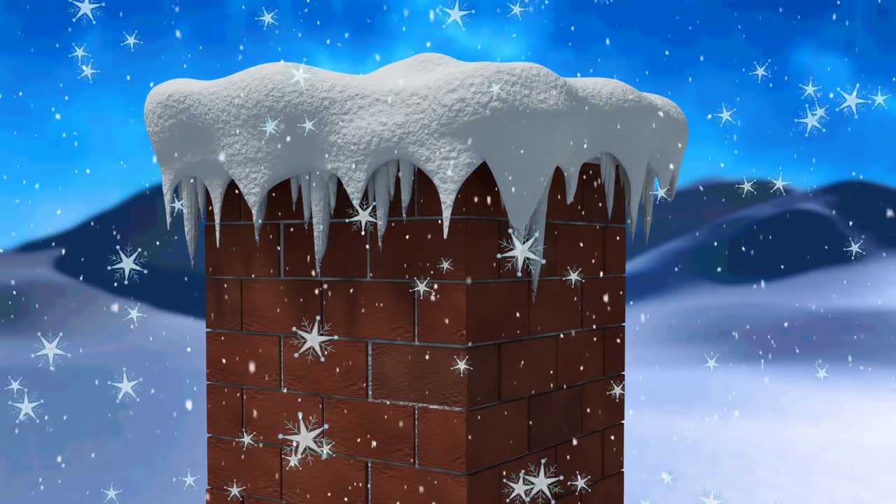 Animazione di neve che cade su un camino in un paesaggio invernale