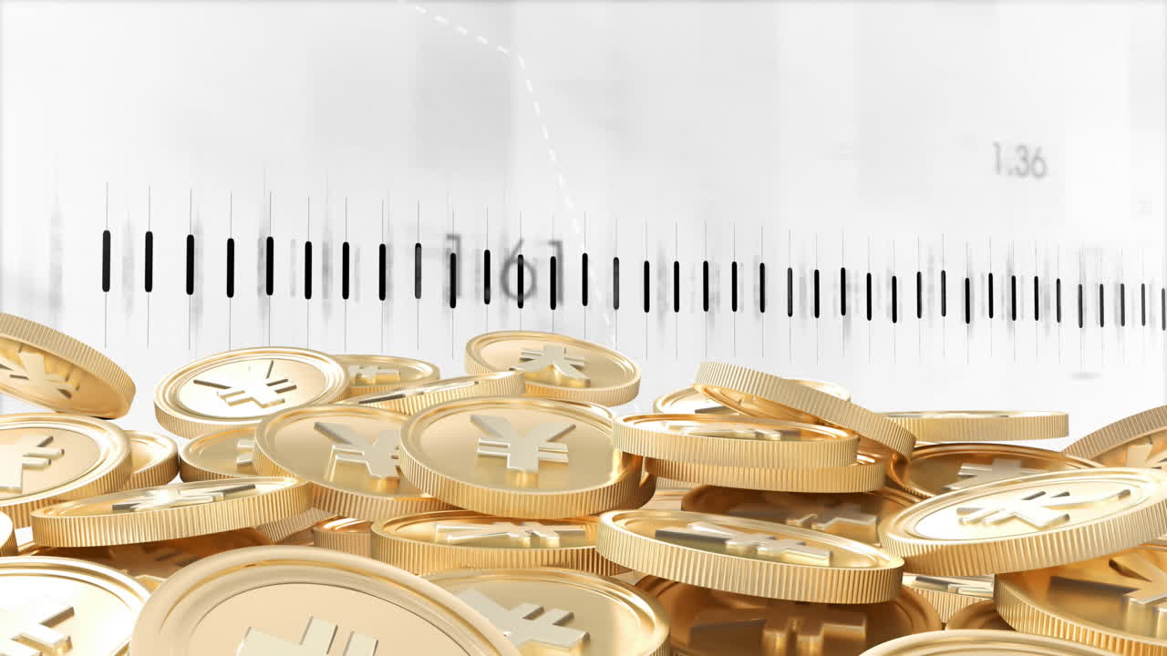 ⁇ 색 바탕에 있는 엔 동전 위의 금융 데이터 처리 애니메이션