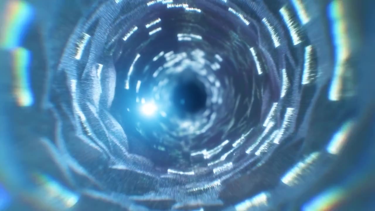 Abstract circular passage viewed from inside, with a bright radiant center, swirling blue textures, soft reflections, and a deep futuristic sense of motion