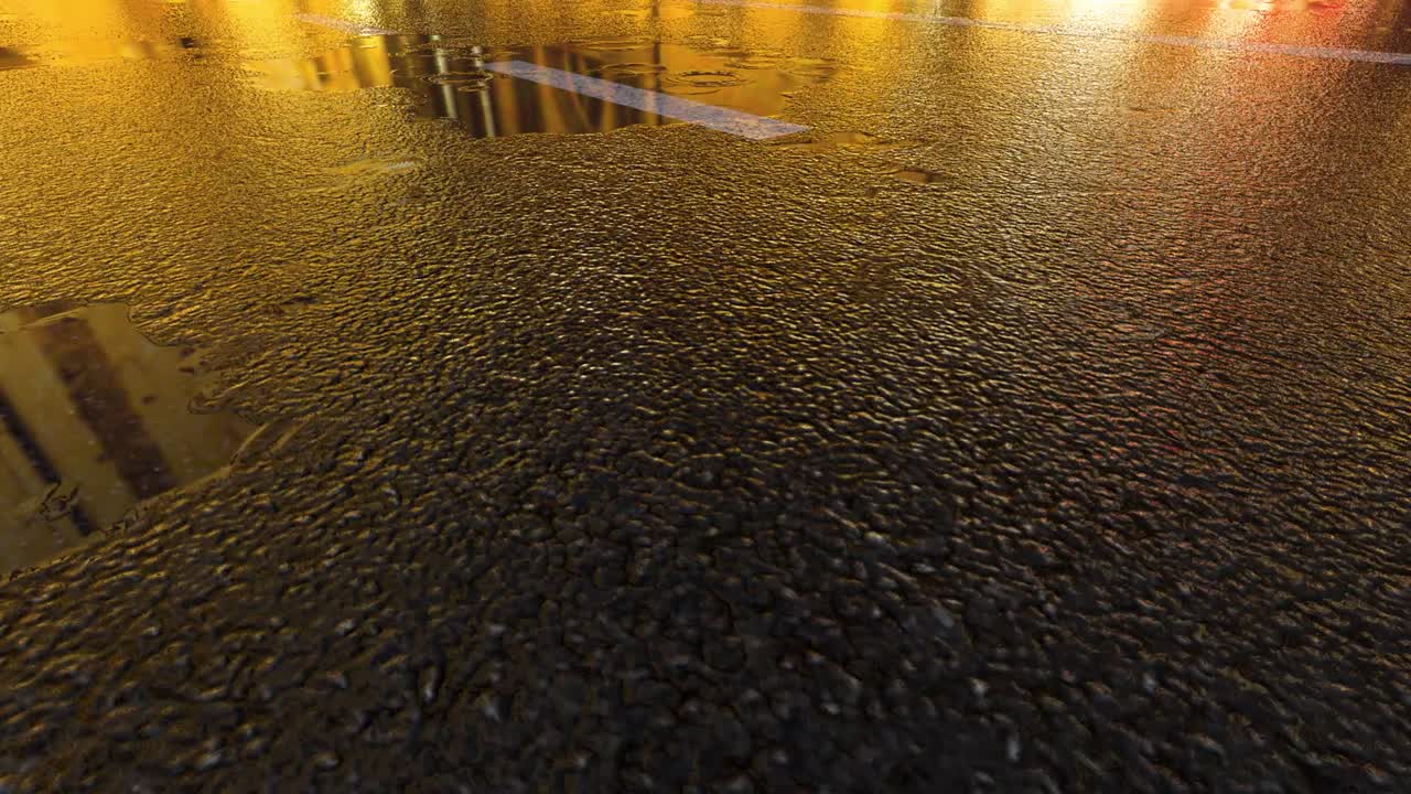 3d lluvia fuerte golpeando la carretera por la noche - 4k partículas de lluvia realistas (loopable) - día lluvioso en una calle colorida con tráfico - carretera húmeda por la noite - toma de ángulo bajo en la lluvia - lluvia y reflejo en la carretera - imagen en movimiento loopable - italia - florencia