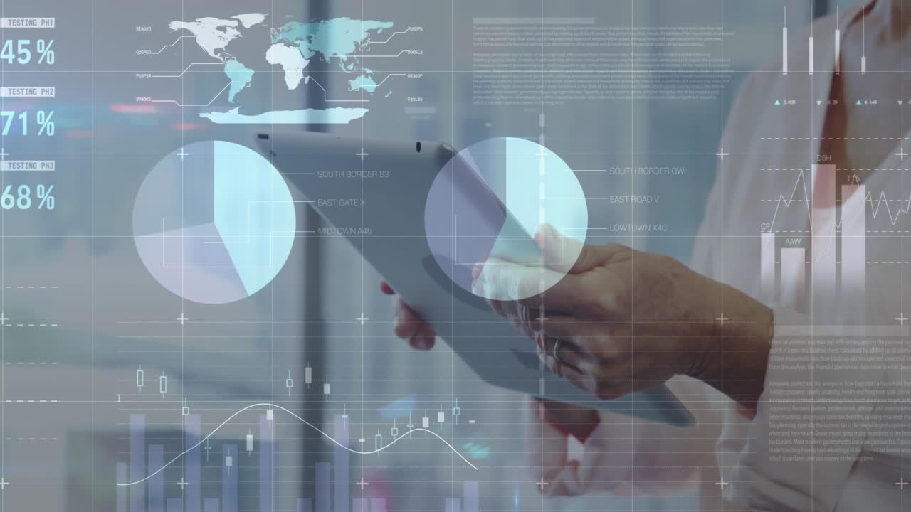 animación de gráficos financieros y datos sobre mujer caucásica trabajando en una tableta en la oficina