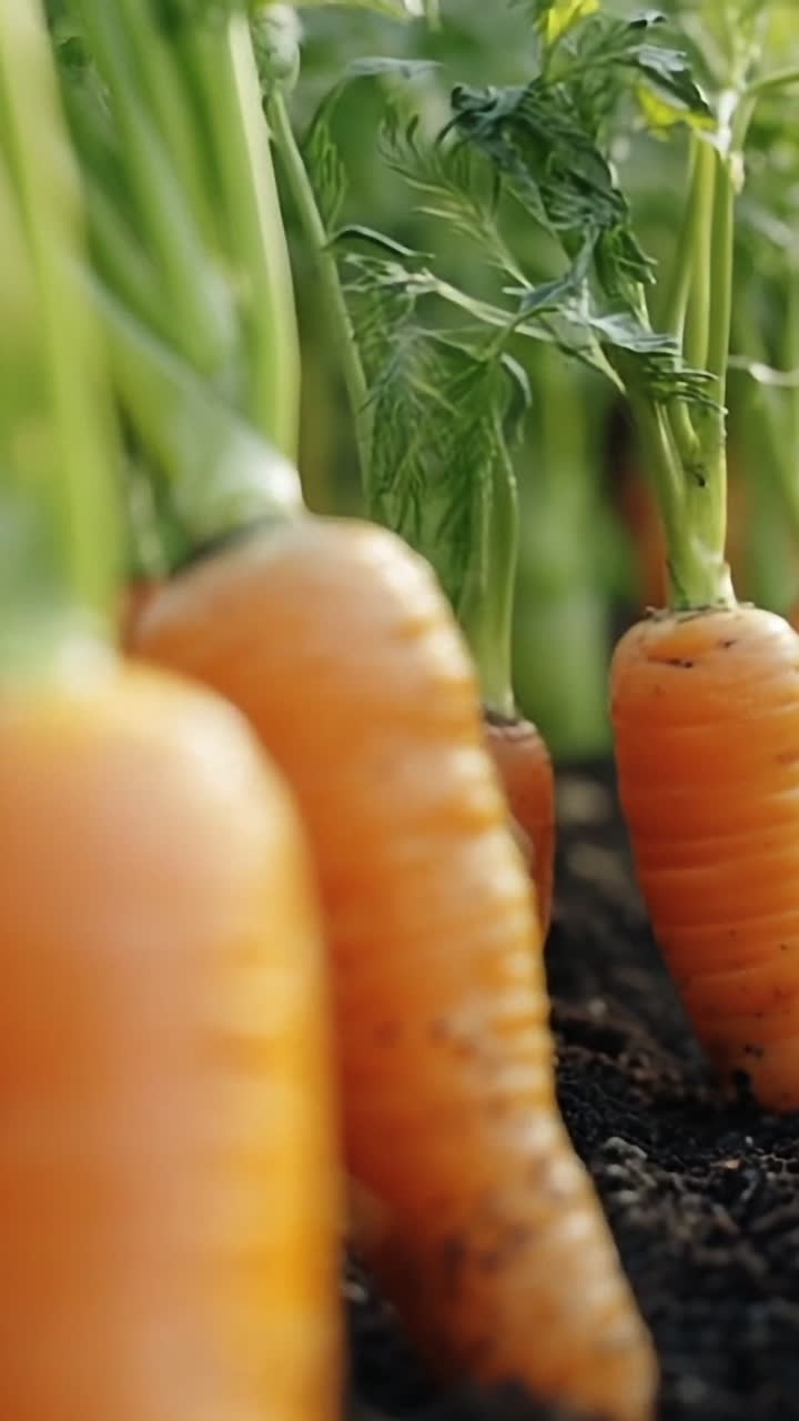 Freshly harvested carrots in a garden. Rows of vibrant orange carrots grow in rich soil, basking in warm sunlight in an outdoor garden setting.