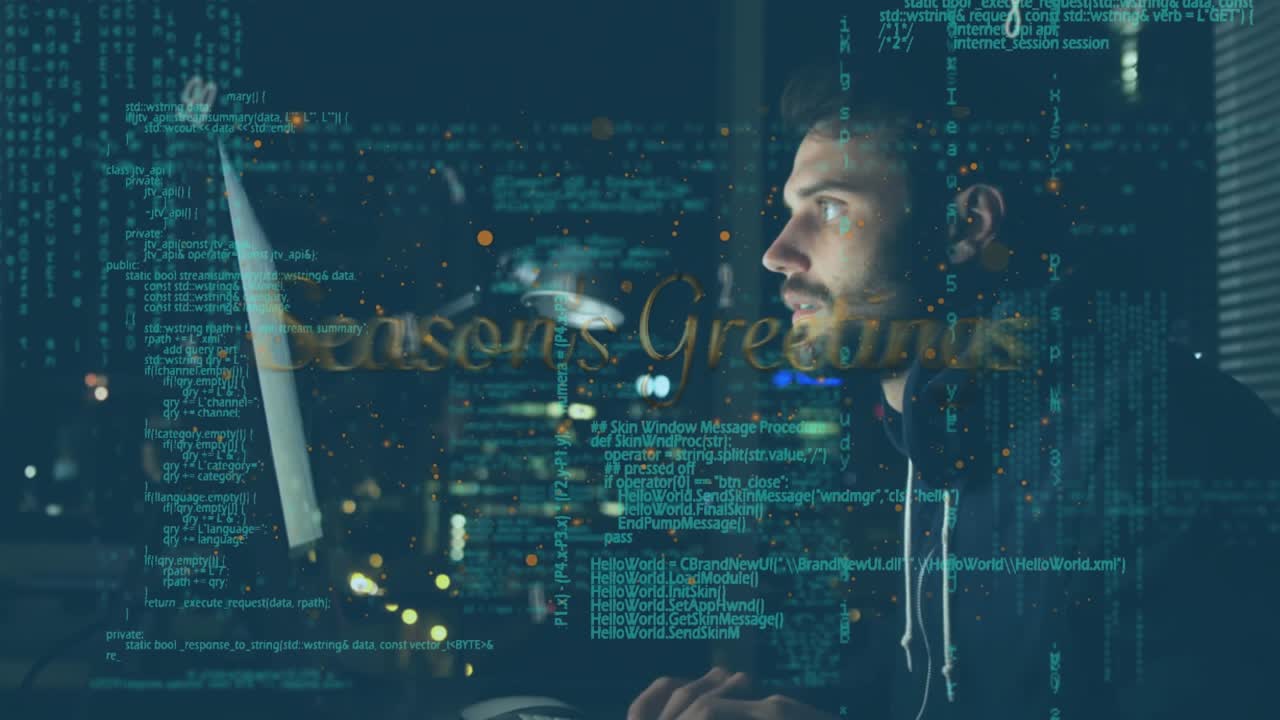 Animation of data processing and season's greeting over caucasian hacker using laptop