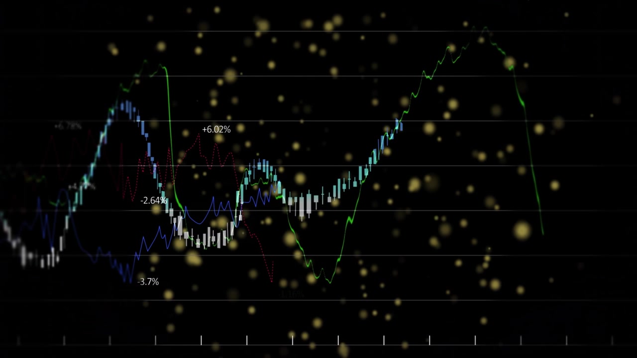 開始時に金色の粒子が漂い、バーが上昇し、線が波打ち、ラベルがフェードアウトしながらデータが可視化される。