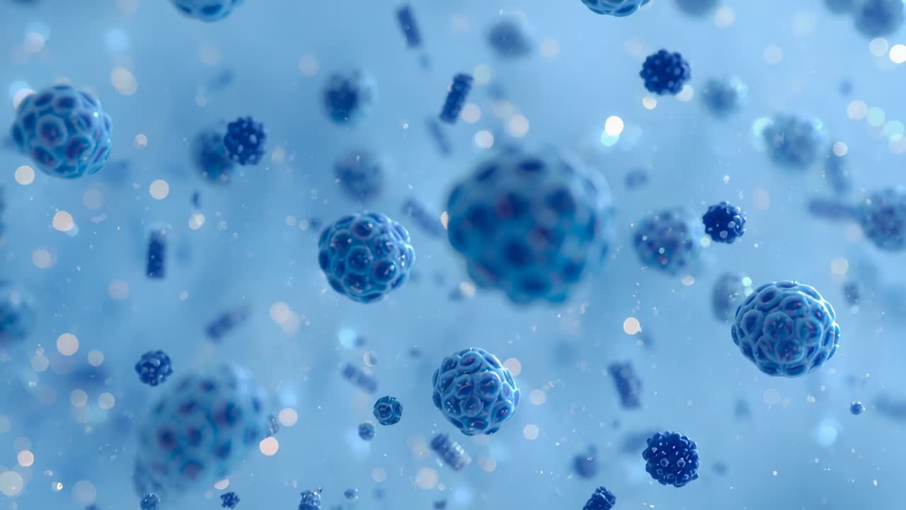 Opening blue spheres drifting in fluid, with rods tumbling and glowing light specks