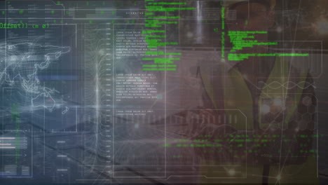 animación de procesamiento de datos sobre ingeniero caucásico trabajando en una central solar