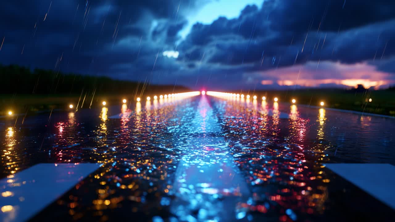 A breathtaking view of a rain-soaked runway illuminated by vibrant lights against a dramatic cloudy sky, capturing the reflections in the water and creating a serene yet intense atmosphere at dusk