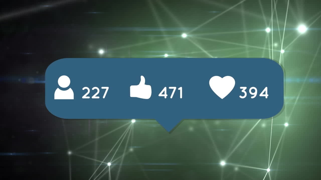 animación de iconos de redes sociales con números crecientes contra la red de conexiones brillantes