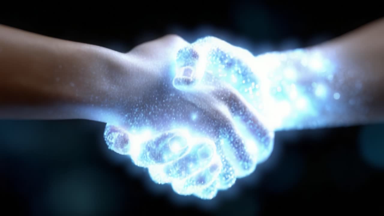 A Mesmerizing Cosmic Handshake Illuminating the Connection Between Two Energetic Forces, Signifying Unity, Collaboration, and the Fusion of Ideas in a Digital Realm