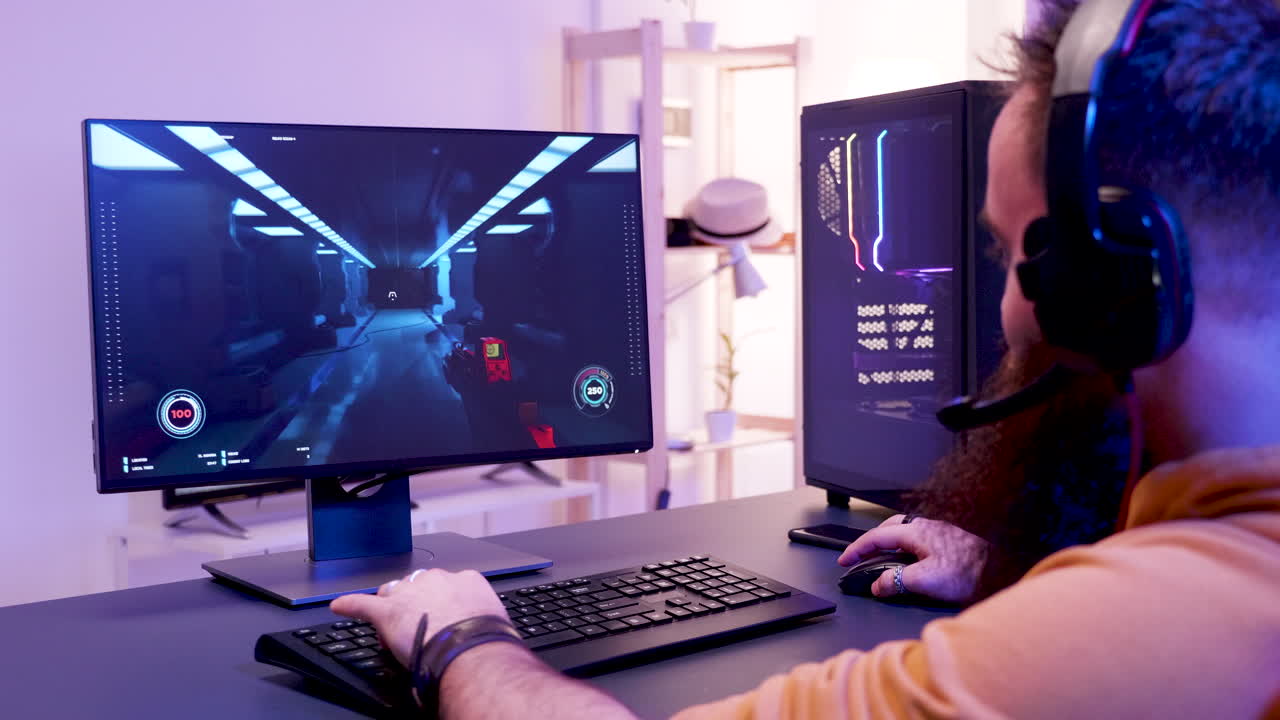 Gamer Playing Video Game on Computer