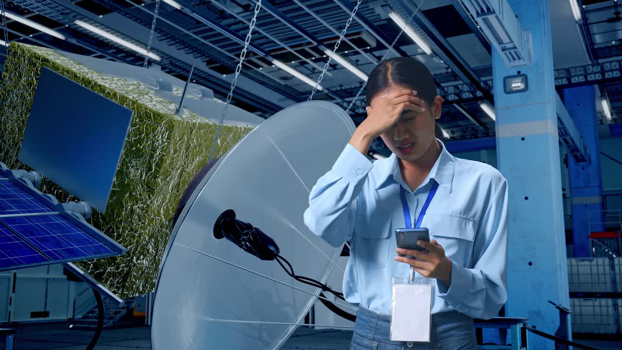ingeniera estresada por un problema de satélite en una fábrica