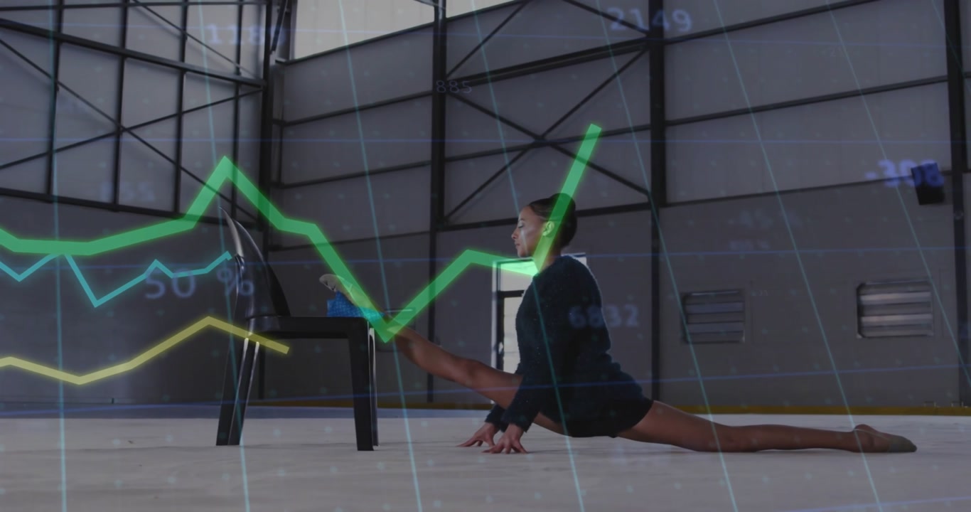 Athlete pressing palm on chair triggers animated fitness graphs while deepening lunge stretch