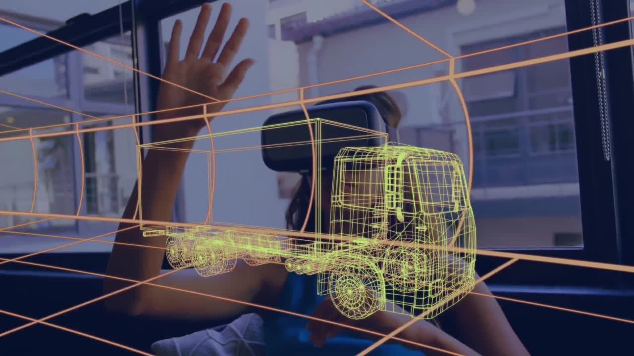 animación de dibujo 3d digital de un coche sobre una mujer usando auriculares vr