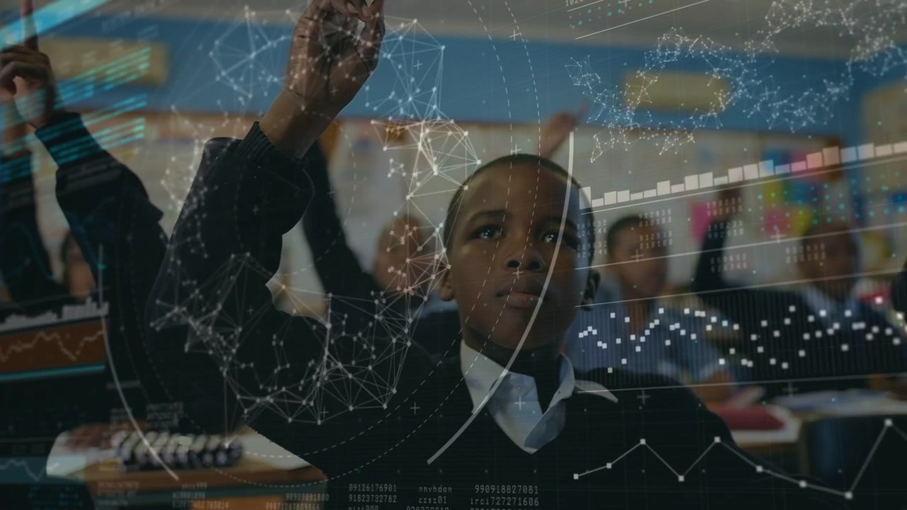 Front-row boy raising hand, speaking in education, answering offframe prompt, data overlay hovering