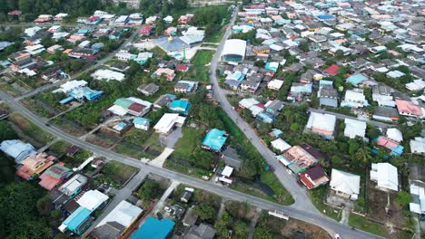 aerial drone view during summer kabong fishing village,with river and beach,sarawak,borneo