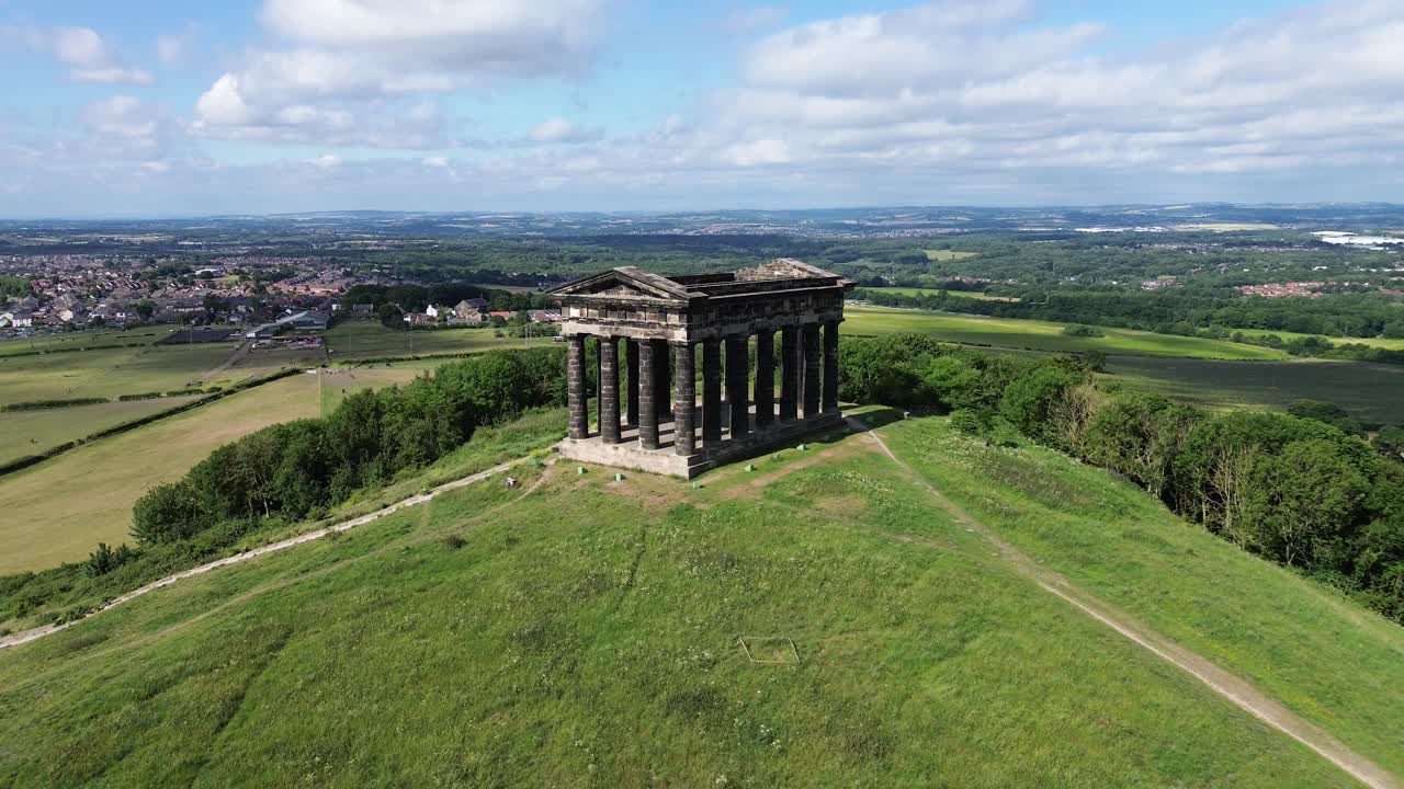 Aerial towards hilltop Greek Temple style Penshaw Monument - Sunderland, UK