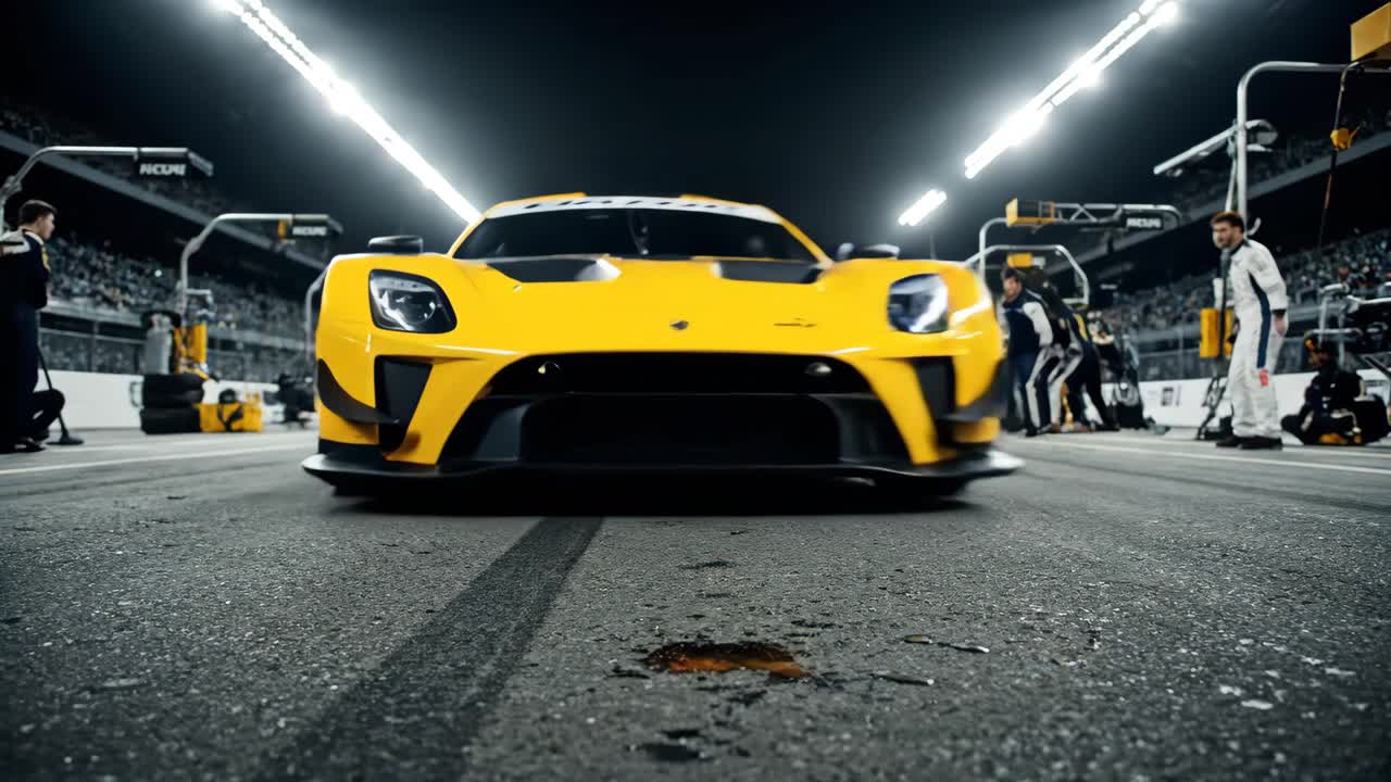 Yellow Race Car with Oil Spill