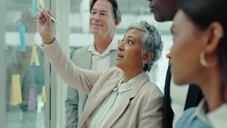 notes, manager and business people by glass