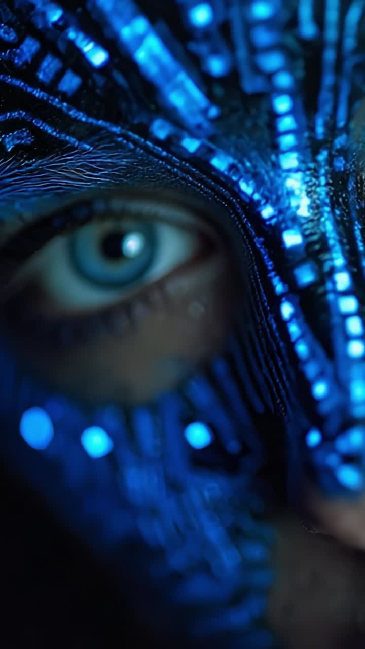 Incredibile primo piano di un volto mistico con modelli blu scintillanti e dettagli degli occhi straordinari, che cattura l'essenza dell'arte e dell'immaginazione