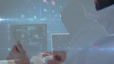 Hacker in hoodie working on computer with warning text overlay animation