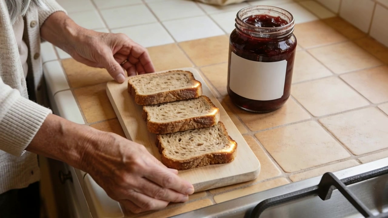 Placing board hands in cardigan aligning slices on tiled counter by jam jar preparing for jam