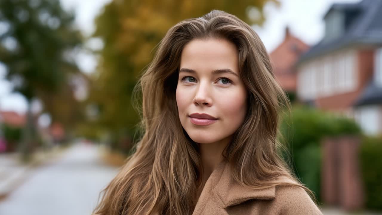 Eine junge Frau spaziert durch eine ruhige Nachbarschaft mit Herbstblättern und zeigt natürliche Schönheit und Selbstvertrauen in einem gemütlichen braunen Mantel.