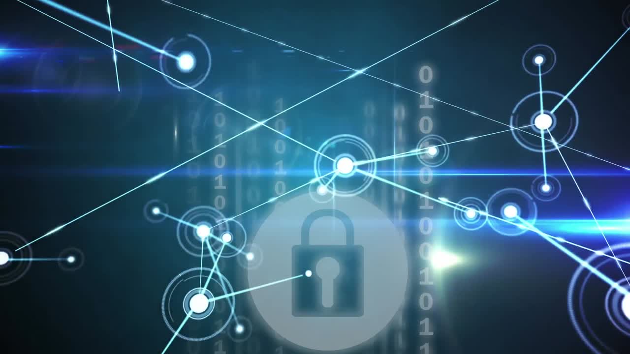 Digital animation of network of connections over security padlock icon on blue background