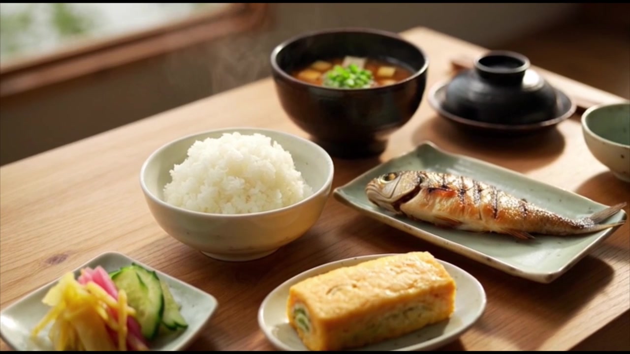 전통 일본식 아침 식사를 준비하는 사람