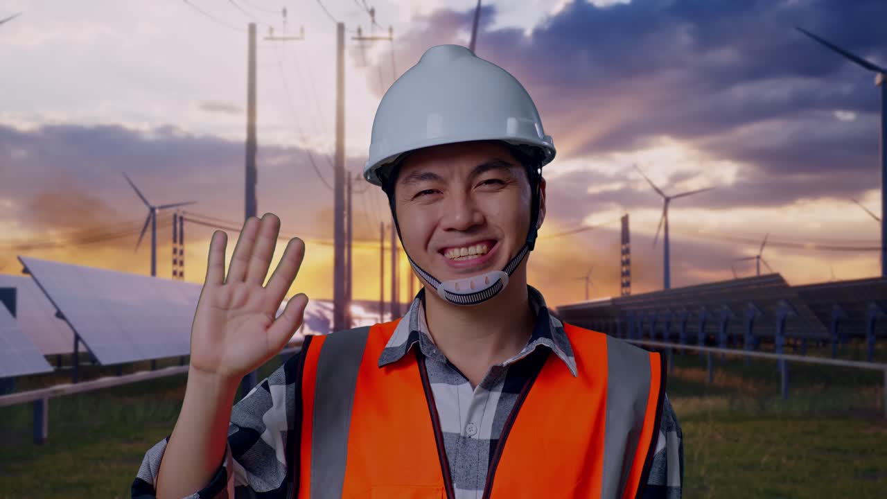 Close Up Of Asian Male Engineer With Safety Helmet Smiling To Camera And Waving Hand Saying Bye While Standing With Solar Panel and Wind Turbines