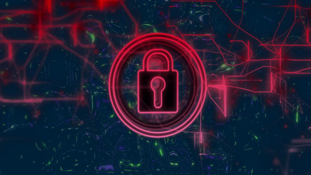 Red circuitry appearing, neon padlock lighting up and three rings expanding, signaling security