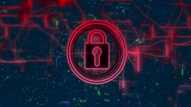 Red circuitry appearing, neon padlock lighting up and three rings expanding, signaling security