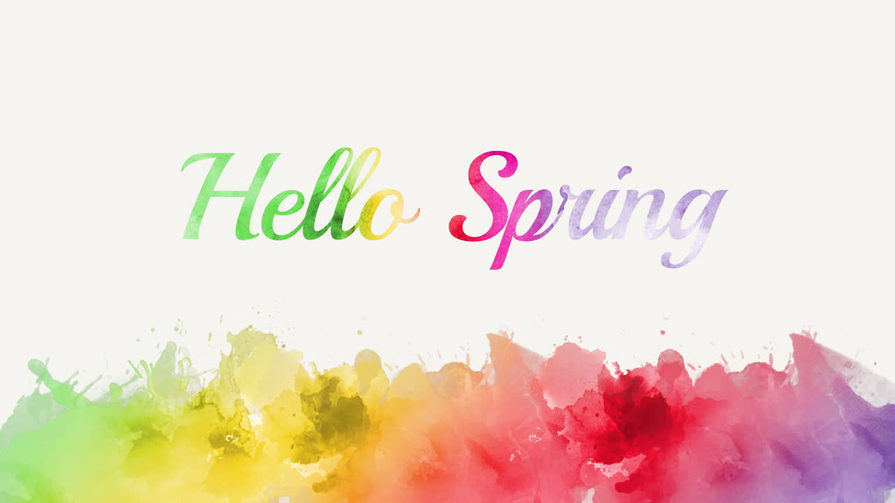 Hello Spring with colorful watercolor background and rainbow typography
