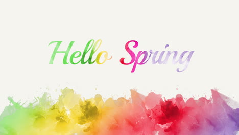 hello spring with colorful watercolor background and rainbow typography