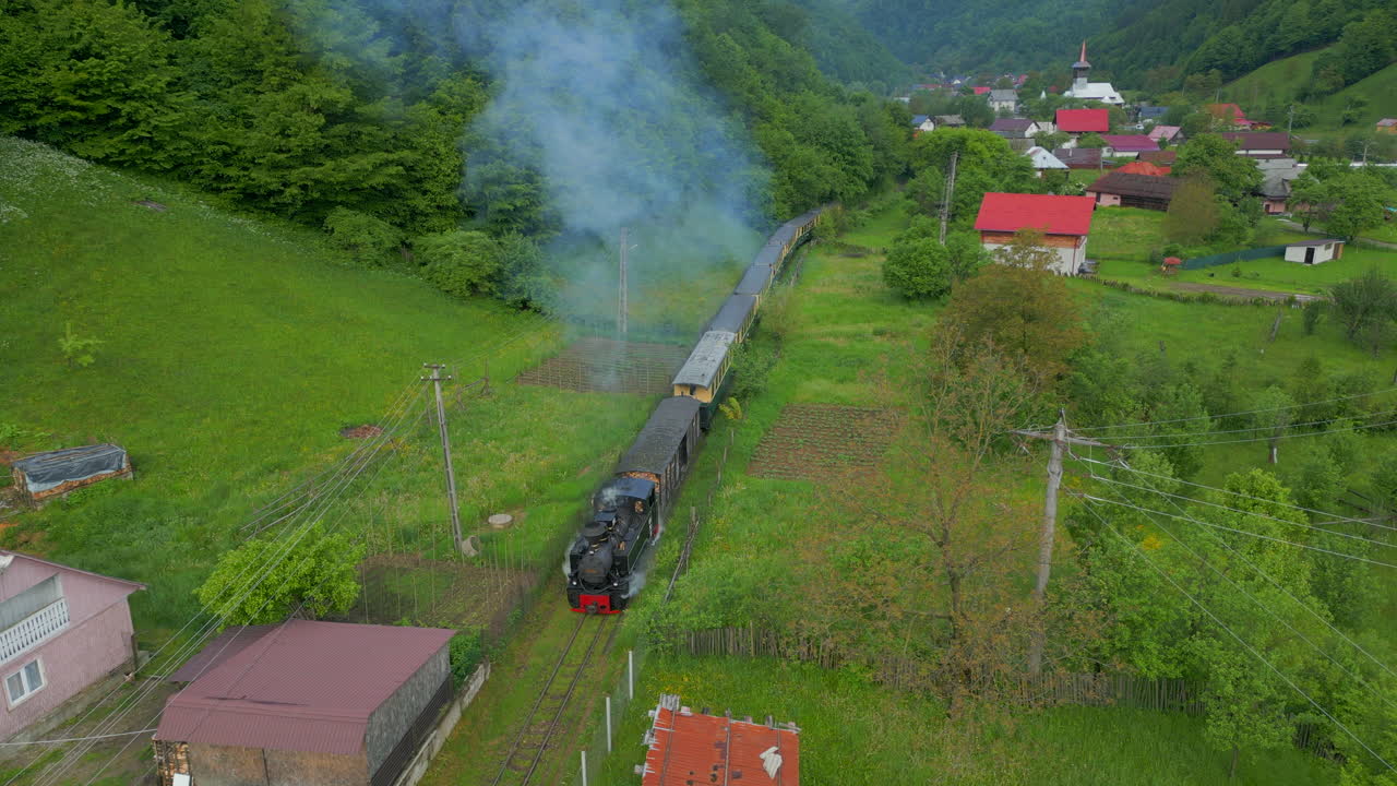 Aerial view of the Mocanita steam train emitting steam and chugging through a serene valley in Romania