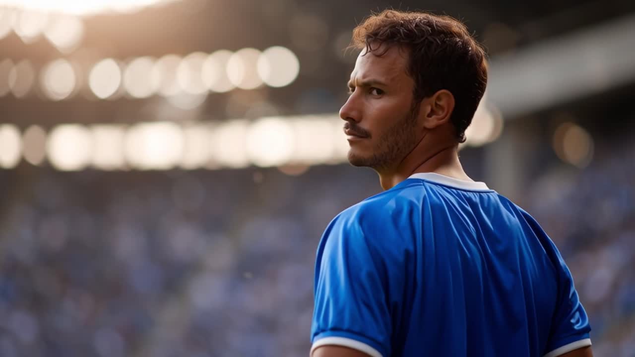 Uomo con maglia sportiva blu che gira la testa nello stadio