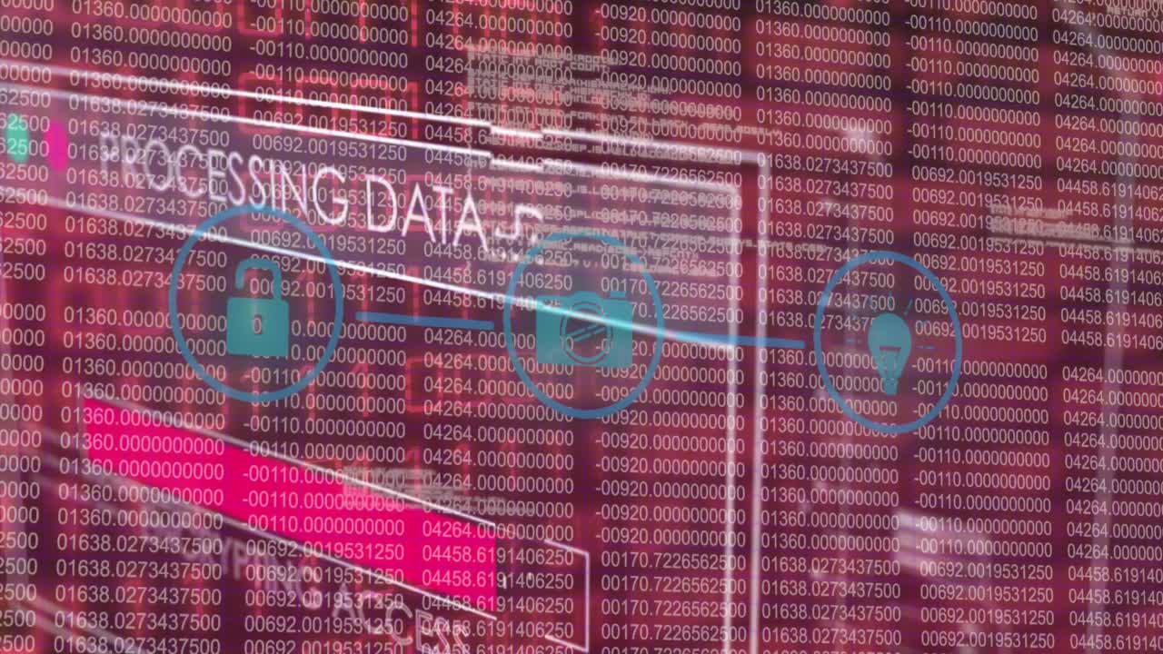 animación de la red de iconos digitales y interfaz con procesamiento de datos contra un fondo rosa.