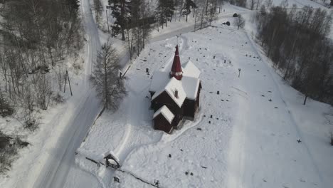 Areal-footage-of-Rollag-stave-church-in-Norway