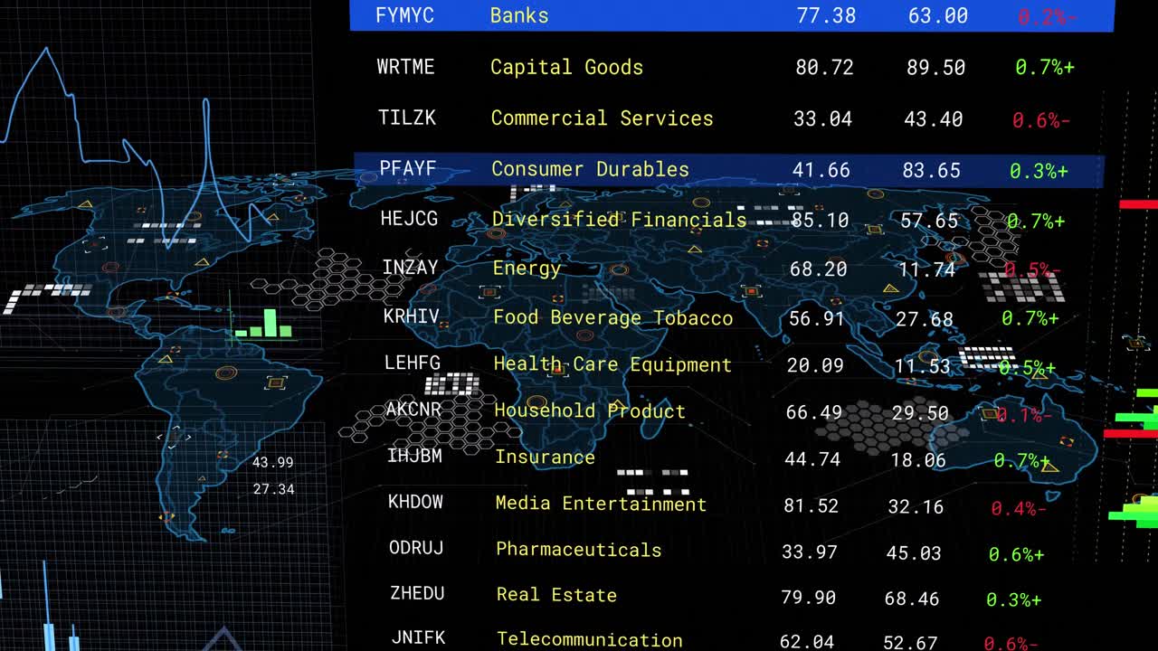 Animation of financial data processing over screen and world map