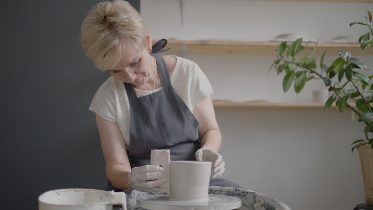 Elderly woman master works on a potter's wheel and makes a mug of ceramics in her workshop in slow motion