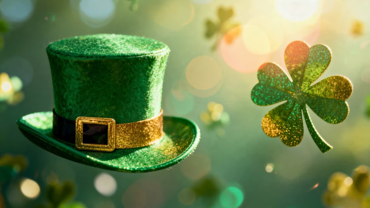 Warm light flaring and causing green velvet top hat drifting left third, large shamrock sparkling