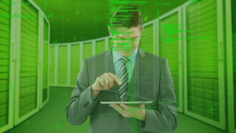 animation of data processing over businessman using tablet in tech room with computer servers